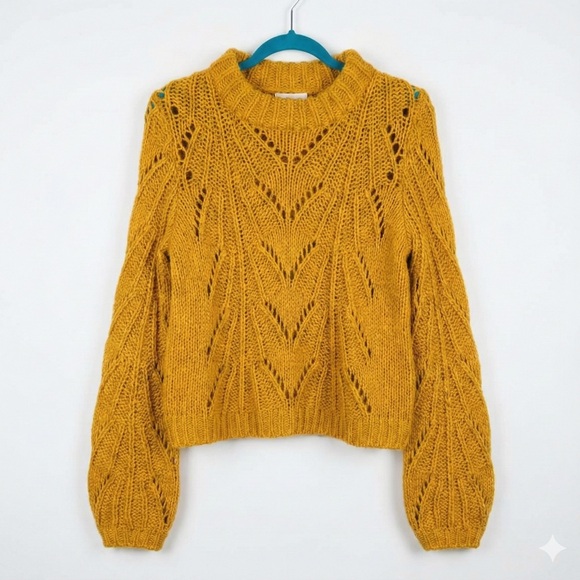 Urban Outfitters Sweaters - Urban Outfitters Mustard Yellow Chunky Knit Sweater Bubble Sleeve Pointelle Sm
